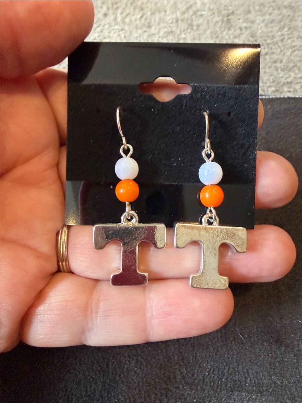 Silver 'T' Drop Earrings with Orange and White Beads